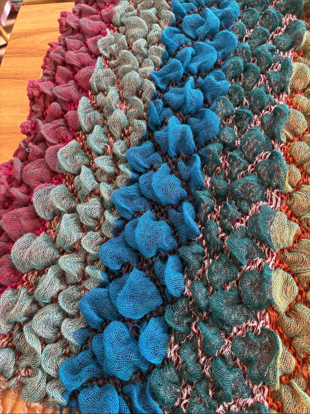 Artisan Multi-Color Textured Knit Scarf Jewel Tone Fringe Boho Dark Academia